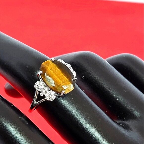 925 Sterling Silver Ring with Natural Tiger's Eye Gemstone & Cz - Picture 3 of 6